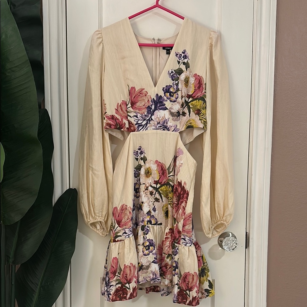 Express Cream Floral Dress with side Cutouts